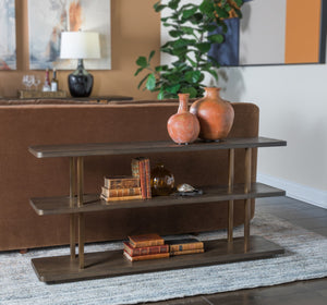 Lexington Andare Sofa Table White Oak Shelves Antiqued Brass Posts Warm Brown Console 2371-967