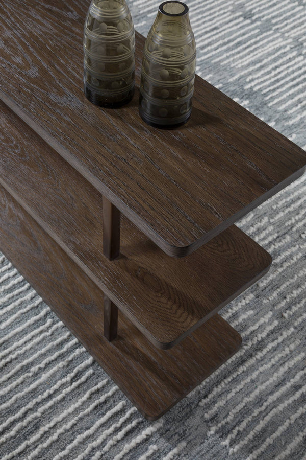 Lexington Andare Sofa Table White Oak Shelves Antiqued Brass Posts Warm Brown Console 2371-967