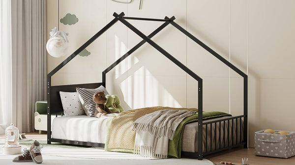 English Elm Twin House Bed Frame with Led Lights Iron Slats Low Profile Kids Bedroom W1820P234194