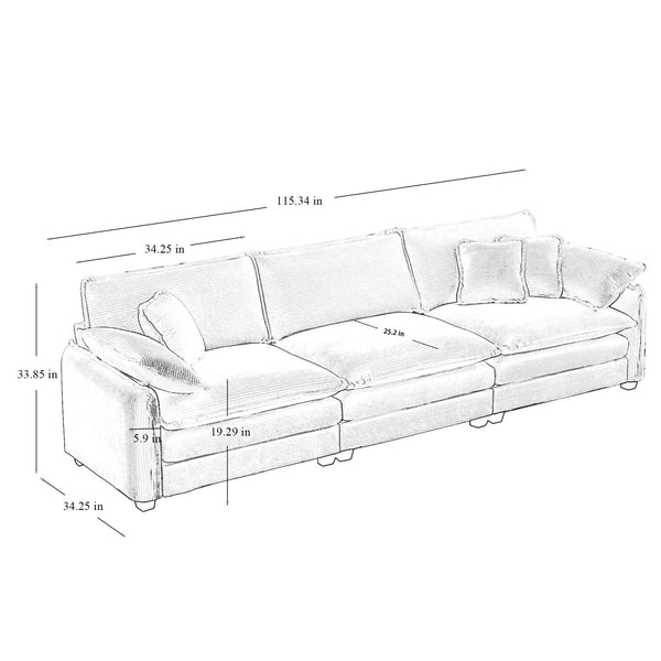 English Elm 3 Piece Comfortable Oversized Sectional Sofa Set – Plush Grey Corduroy With Memory Foam Cushions W714S00747