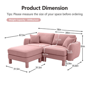 English Elm Boucle Loveseat Sofa With Shell-Shaped Armrests, Removable Ottoman, And Cylindrical Legs In Pink W3041S00291