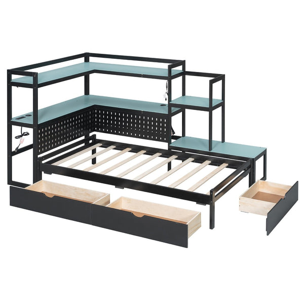 English Elm Twin Gaming Daybed with Led Strips Desk Pegboard Bookcase and Three Storage Drawers Black+Blue N820S00083C