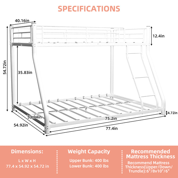 English Elm Metal Twin Over Full Bunk Bed With Removable Stairs, Heavy-Duty Frame & 12" Under-Bed Storage Space W1935P195937
