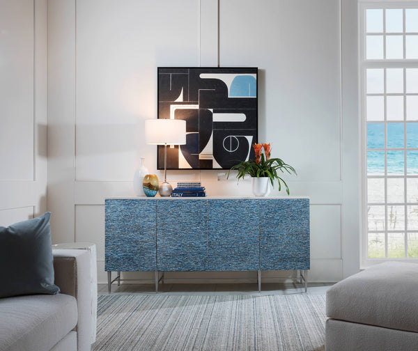 Deepwater Artisan Eggshell Inlay Media Console with Silver Leaf Iron Legs for Living Rooms