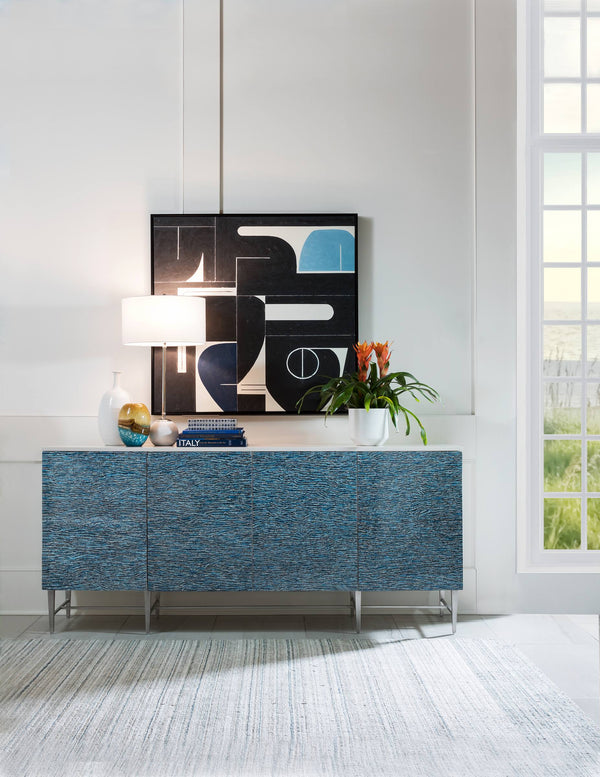 Deepwater Artisan Eggshell Inlay Media Console with Silver Leaf Iron Legs for Living Rooms