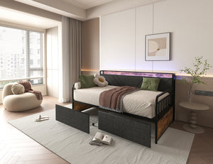 English Elm Twin Daybed with Drawers and USB Charging Station, Metal Frame, Upholstered Headboard, LED Mood Lighting Black+Brown+Grey W2129P244635