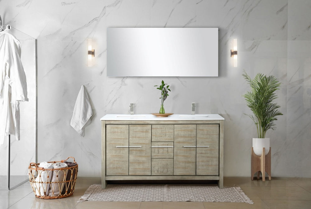 English Elm Rustic Acacia Double Bath Vanity 60" W With White Quartz Top, Brushed Nickel Faucet & Mirror Combo B2731S01683-GIGA