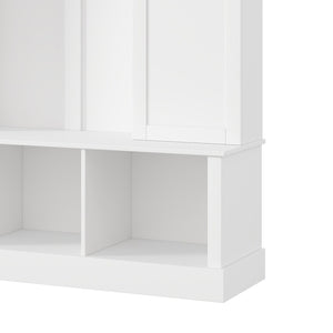 English Elm On-trend Farmhouse Hall Tree with Dual Cabinets Seven Hooks and Arched Entryway Storage White N721S000078K