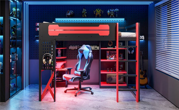 English Elm Full Size Loft Bed with Rgb Lighting Chevron Desk Usb Charging Ports and Storage Shelves Black+Red LT000286AAR