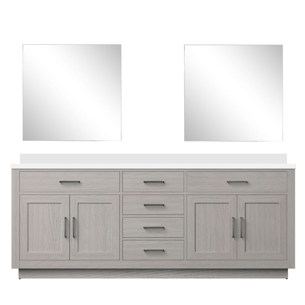 English Elm White Oak Double Bath Vanity With White Quartz Countertop & 34 In. Frameless Mirrors, 84 In. W B2731S01556-GIGA