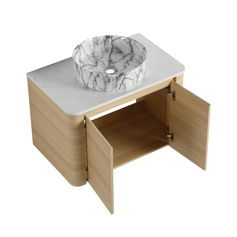 English Elm 30'' Wall-Mounted Bathroom Vanity With Ceramic Art Sink & Soft-Close Doors For Modern Spaces W999S00465