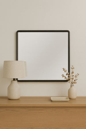 English Elm Small Mirror Elm Veneer Frame in Peppercorn Finish — Rounded Corners, Durable Glass, Modern Accent Mirror for Walls Black 40 L x 40.5 W x 4.25 H B2699P402556
