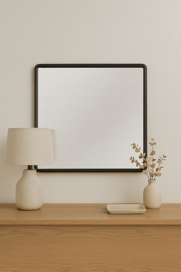English Elm Small Mirror Elm Veneer Frame in Peppercorn Finish — Rounded Corners, Durable Glass, Modern Accent Mirror for Walls Black 40 L x 40.5 W x 4.25 H B2699P402556