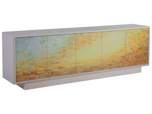 Lexington Aurora Hand-painted Media Console with Ivory Frame and Expressionist Sunrise Motif 2376-907