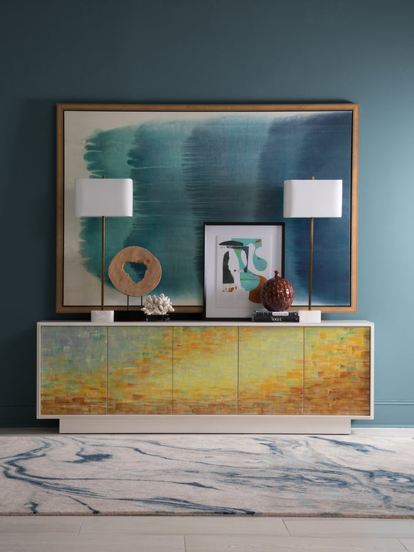 Lexington Aurora Hand-painted Media Console with Ivory Frame and Expressionist Sunrise Motif 2376-907