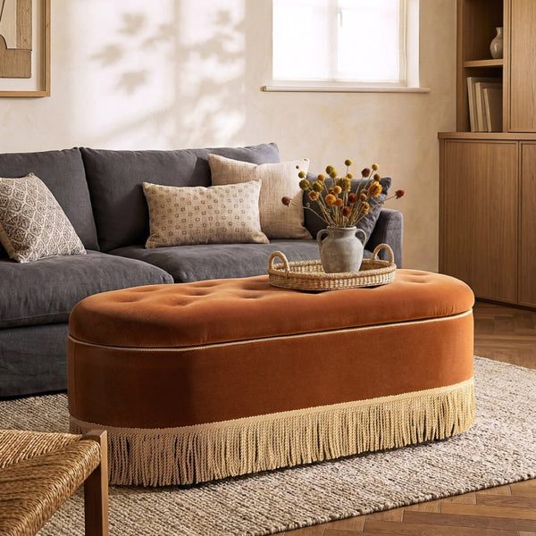 English Elm Melinda Velvet Storage Bench with Button Tufting and Bullion Fringe Bedroom Accent B2719P479032