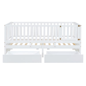 English Elm Twin Pinewood Daybed with Fence Guardrails Splits Into Two Floor Beds Storage White LP100881AAK