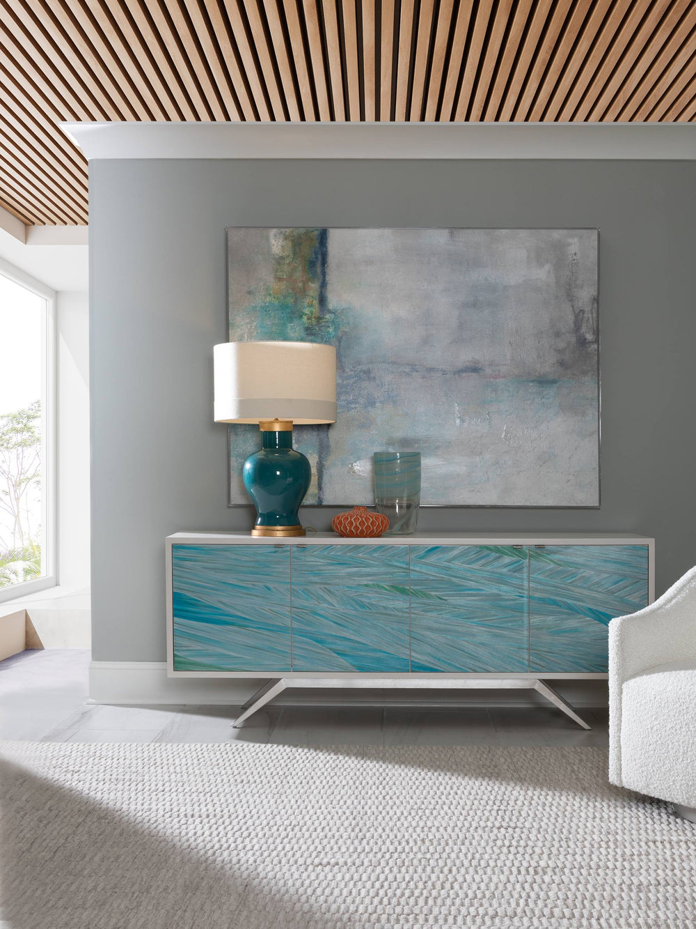 Lexington Blue Wave Hand-painted Media Console Mid-century Ivory Case with Silver Leaf Iron Base 2378-907