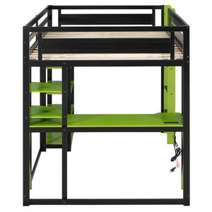 English Elm Full Size Loft Bed with Rgb Lighting Chevron Desk Usb Charging Ports and Storage Shelves Black+Green LT000286AAG