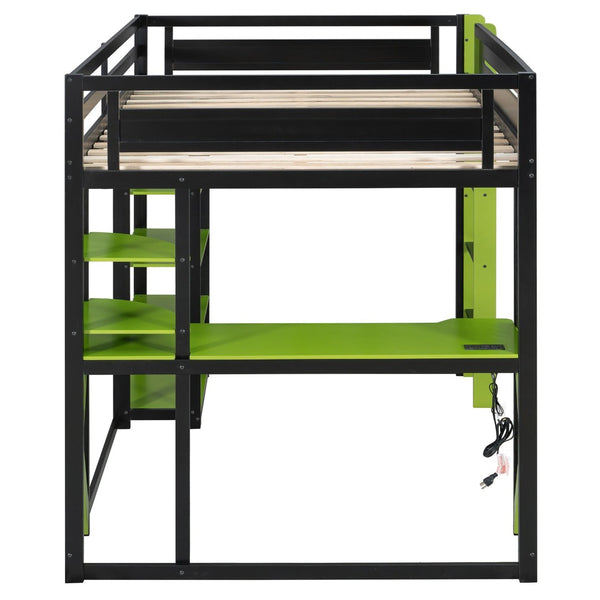 English Elm Full Size Loft Bed with Rgb Lighting Chevron Desk Usb Charging Ports and Storage Shelves Black+Green LT000286AAG