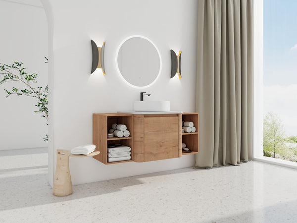 English Elm 48'' Wall-Mounted Bathroom Vanity With Elegant Ceramic Sink, Soft-Close Door & Dual Storage Shelves W999S00408