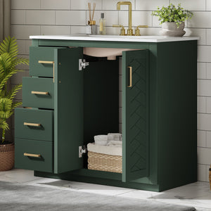 English Elm 36'' Bathroom Vanity with Ceramic Sink Combo, Solid Wood Frame, Soft-Close Drawers and Stylish Retro Groove Design Green N710P291684F