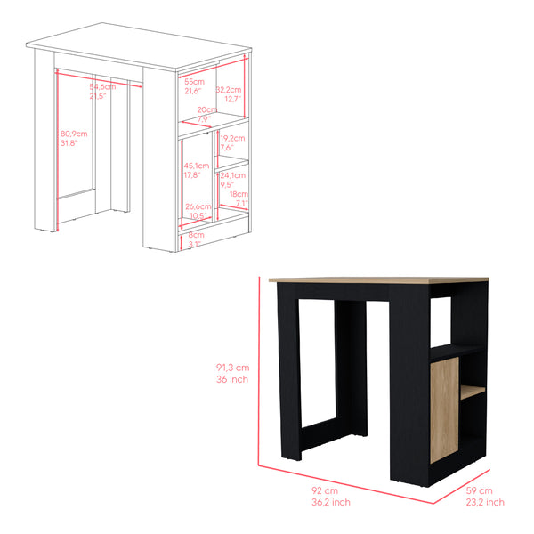English Elm Kitchen Wynne Island Black/Natural Oak — Compact 36.2" Top, Push-to-Open Cabinet & Open Shelves for Smart Storage and Dining B092P243273
