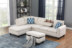 English Elm Black Faux Leather Sectional Sofa with Cup Holders Storage Ottoman and Nailhead Trim Beige B2730S00024