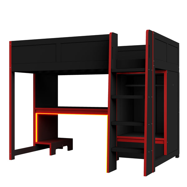 English Elm Wood Twin Gaming Loft Bed with Desk, Wardrobe, LED Lighting & Drawer — Space-Saving Black Red Accent, 400lb Capacity N7090004010B