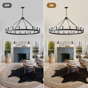 English Elm 53.15 Inch Wagon Wheel Chandelier Matte Black 18 Light Farmhouse Industrial Large Room W5008P389053