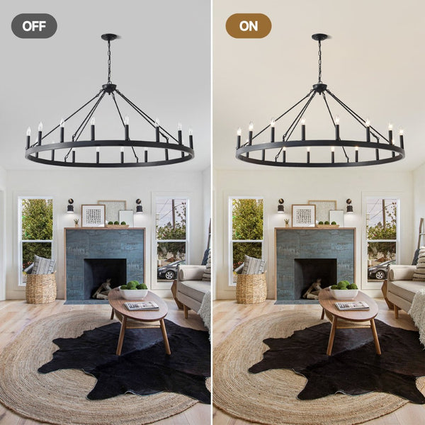 English Elm 53.15 Inch Wagon Wheel Chandelier Matte Black 18 Light Farmhouse Industrial Large Room W5008P389053