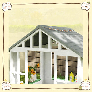 English Elm Wooden Fir Outdoor Kids Playhouse Cottage with Serving Station and Ventilating Windows T3971P442827