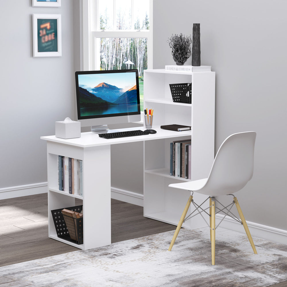 English Elm HOMCOM 47" Modern Home Office Desk with 6-Tier Shelves, Space-Saving Writing Table, White Finish W2225P174000