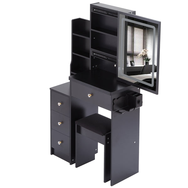 English Elm 29.2" Stylish Left Bedside Vanity Table Set With Led Mirror, Power Station & Cushioned Stool For Comfort W936P202471