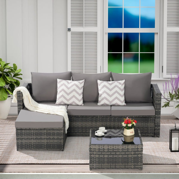 English Elm 2 Piece Outdoor Rattan Sectional Set with Ottoman and Glass Top Coffee Table Dark Gray W874P264737