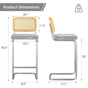 English Elm Counter Height Bar Stools Set Of 2 - Luxurious Gray Velvet & Rattan Back Armless Chairs For Style T3623P360715