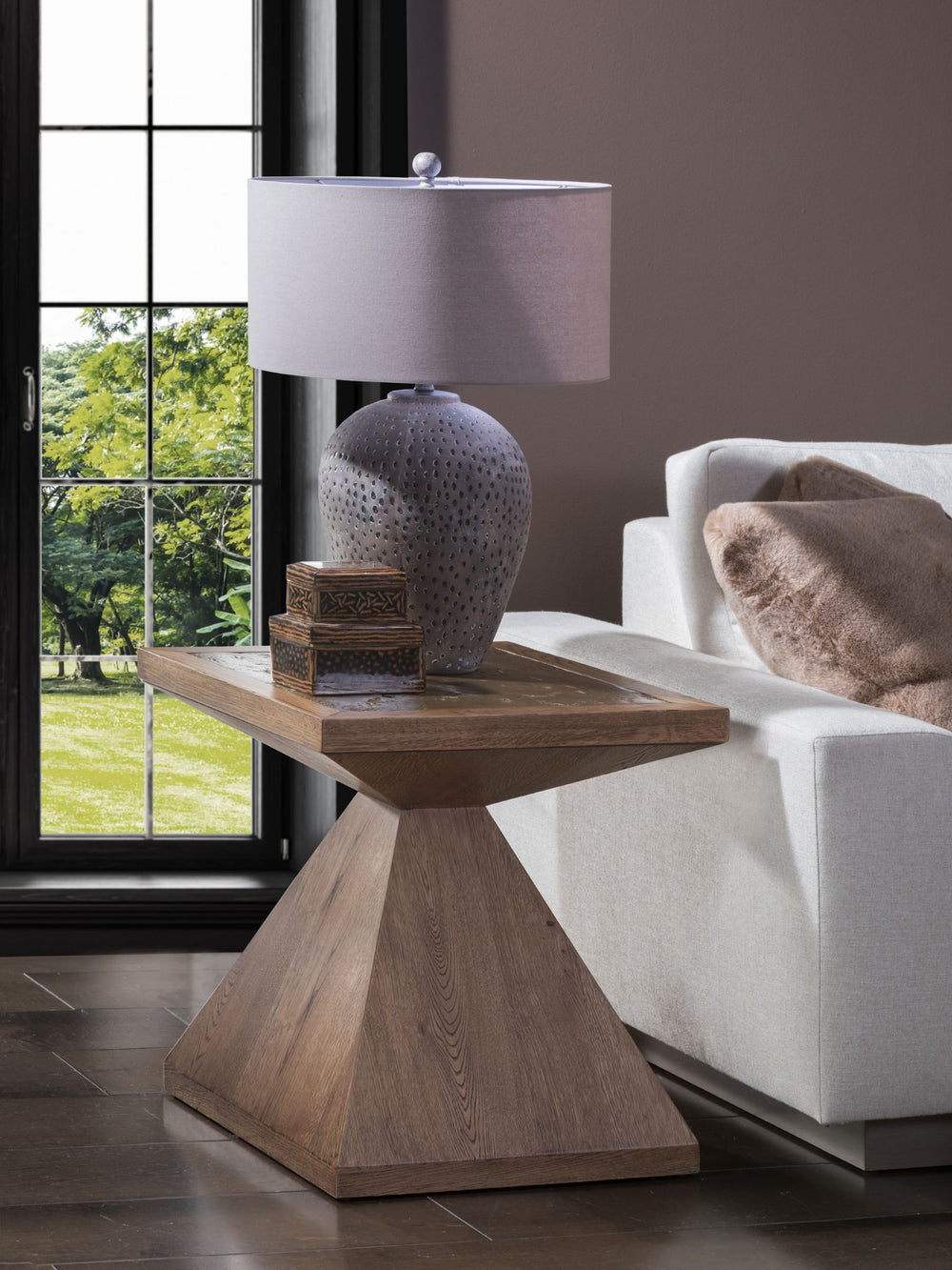 Lexington Barnaby Solid Oak Square End Table Antique Distressed Finish Champagne Bronze Accents 2380-957