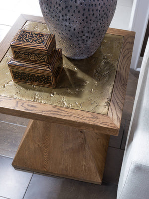 Lexington Barnaby Solid Oak Square End Table Antique Distressed Finish Champagne Bronze Accents 2380-957
