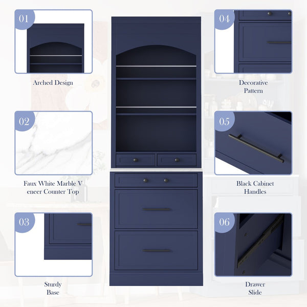 English Elm Topmax 83.7" Blue Kitchen Pantry With Faux Marble Top, 5 Drawers, Adjustable Shelf N717P221575C-GIGA