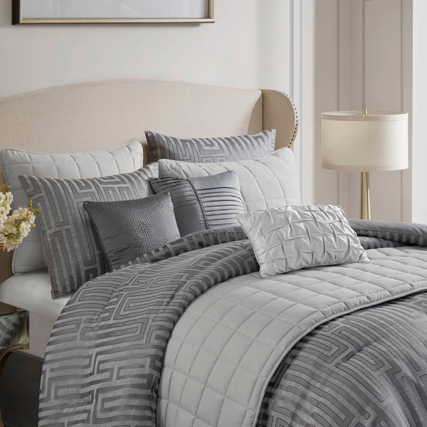 JLA Home Madison Park - 10 Luxury Jacquard Comforter Set with Metallic Thread Accents, Greek Fret Pattern, OEKO-TEX Certified Elegance Grey MP10-8690