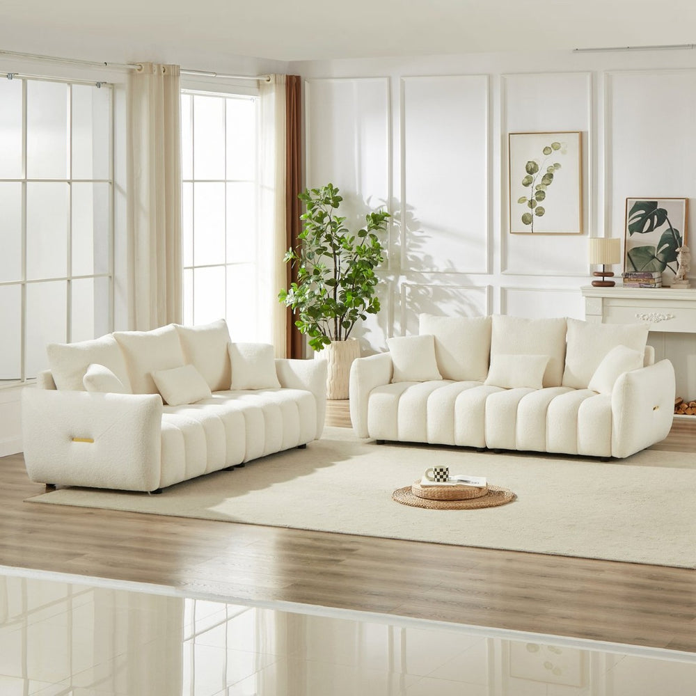 English Elm 3 Seater Paired Teddy Fleece Sofa Set Pine Frame Living Room Seating with Cushions Beige W1193S00191