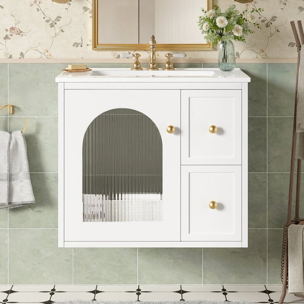 English Elm 24" Floating Bathroom Vanity with Ceramic Sink Two Drawers White Mdf Cabinet N710P286704K