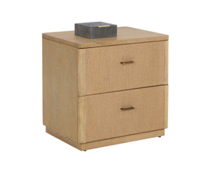 Sunpan Etienne Nightstand: Elegant Linear Design with Antique Brass Handles & Unique Wood Character Elements Rustic Oak