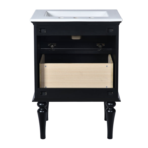 English Elm 24'' French-Style Bathroom Vanity with Ceramic Sink, Black Long Legs, 2 Drawers, Moisture-Resistant Elegance N710P195621B