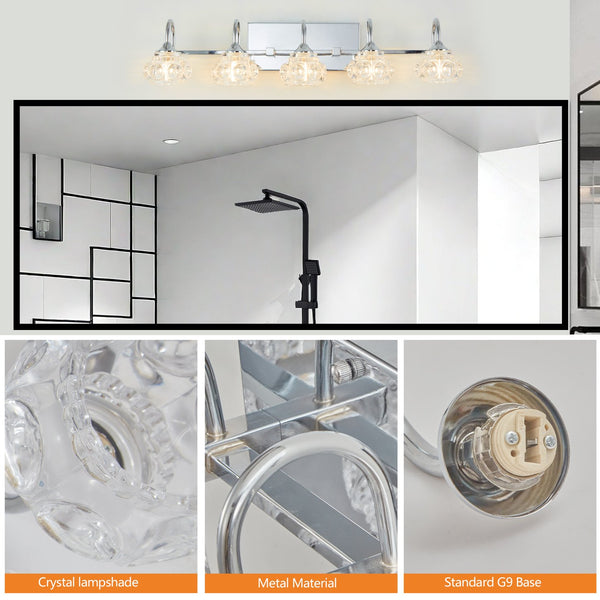 English Elm 29" Nickel Vintage Crystal Vanity Light – 5-Light Wall Mirror Fixture, Nickel Iron & Clear Glass Elegance W1340P206725