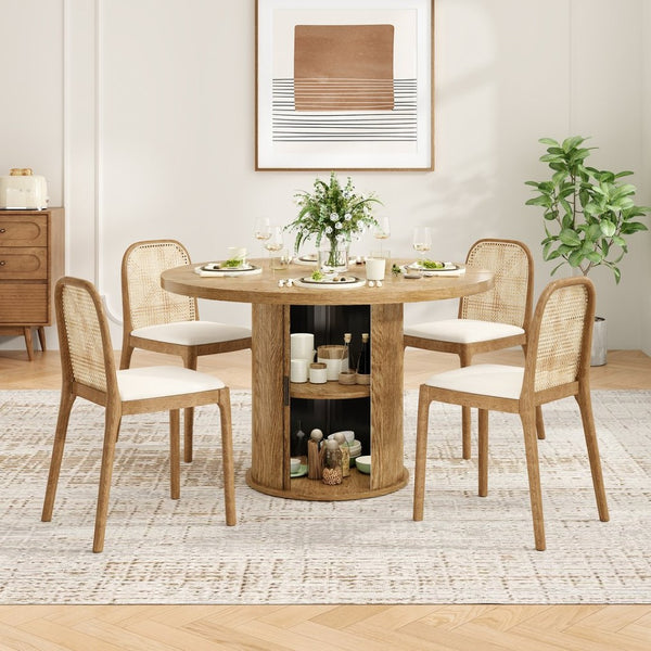 English Elm 43" Round Wood Dining Table with Geometric Metal Base Seats 4 Space Saving Modern Walnut T3623P433903