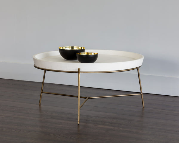 Sunpan Remy Coffee Table - Elegant Steel Frame with Unique Concrete Top for Chic Indoor & Outdoor Spaces Antique Brass / White