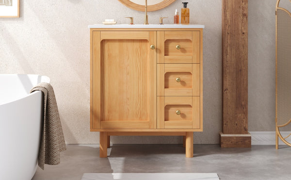English Elm 30 Inch Bathroom Vanity with Ceramic Sink, Grey Farmhouse Cabinet w/3 Soft-Close Drawers & Storage N710P333972P