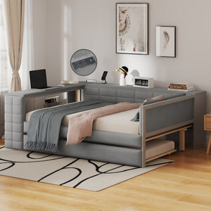 English Elm Full Size Upholstered Platform Bed With Trundle, Charging Station, And Smart Storage In Gray Velvet N7090000604E