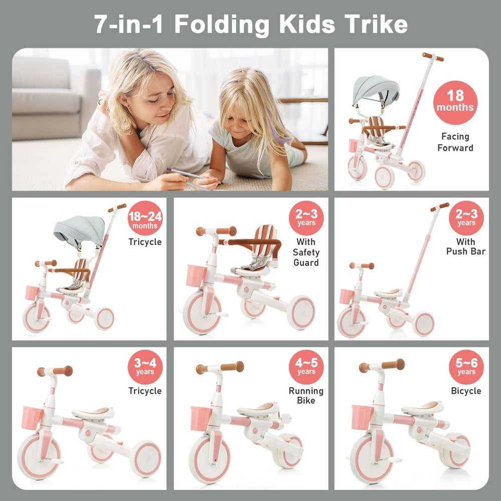 English Elm 7 in 1 Convertible Toddler Tricycle Aluminum Frame Push Trike with Rotating Seat Canopy Pink N726P300636G